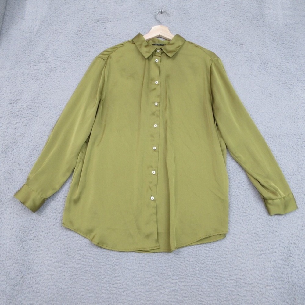 T Tahari Silky Shirt Women L Green Elegant Quiet Luxury Coprcore Office Siren